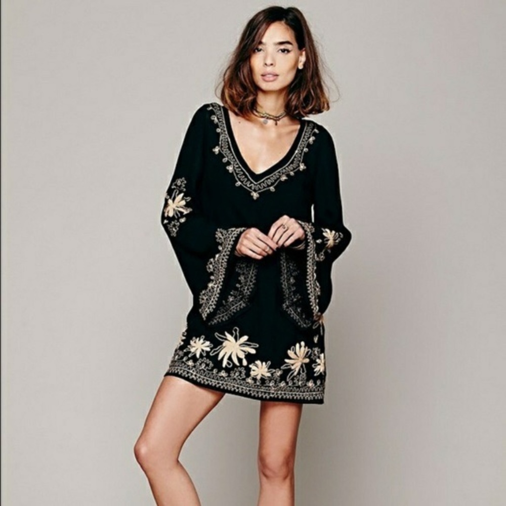 Free People Bell Sleeve Embroidered Mini Dress